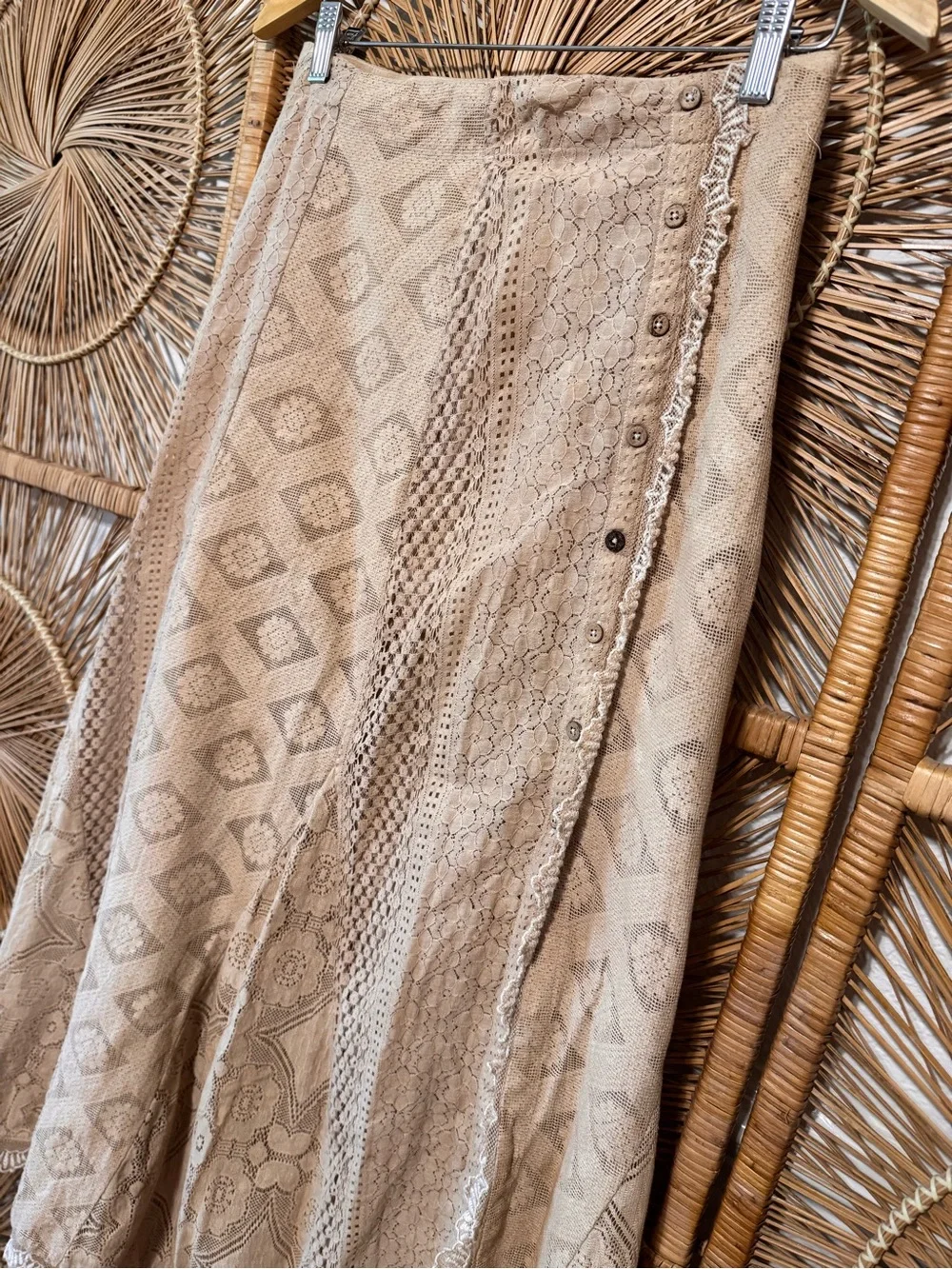 Free People Set| OOAK Hand Tea Dyed by me| Boho Lace Maxi Skirt - Beige| Sz: 2 - Picture 10 of 16